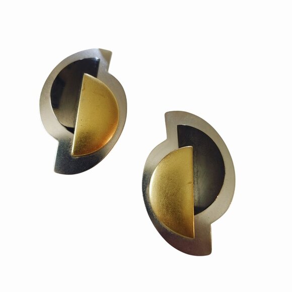 Monet Post Earrings Vintage Geometric Mixed Metal Modernist Brutalist Sculptural - Picture 11 of 13